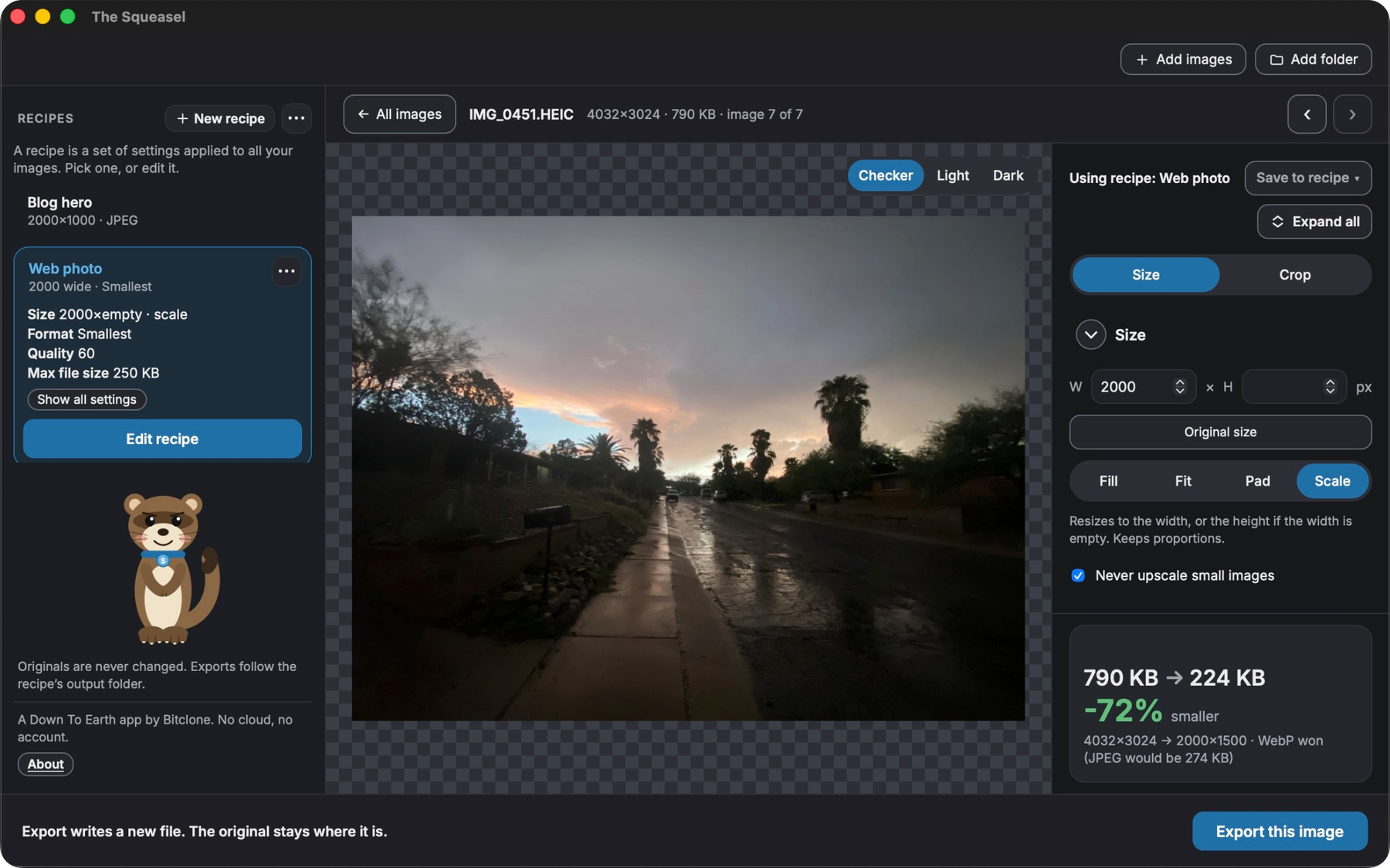 Editing one image in The Squeasel, with the size and crop controls and a before and after file size